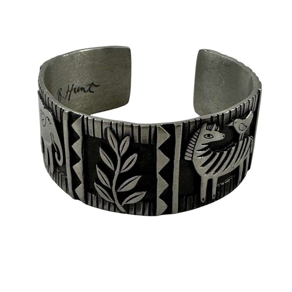 JB Hunt Engraved Pewter Cuff Bracelet Wild Kingdom Zebra Elephant Vintage